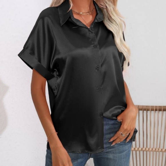Classic Black Collared Neck Short Sleeve Shirt - Picture 3 of 11
